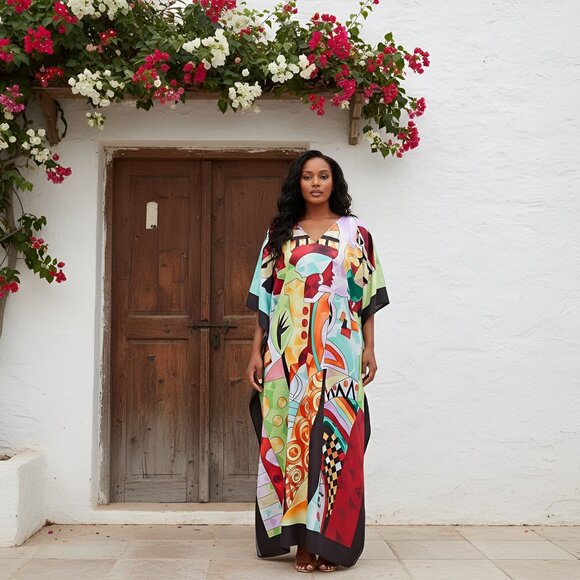 Lady Tribal Printed Plus Size Kaftan Dress for Women Maxi Kimono by Gypsie Blu - Picture 1 of 10